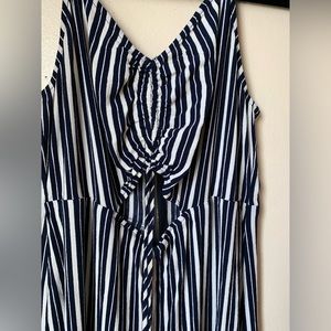 Striped spaghetti strap romper with diamond front peekaboo